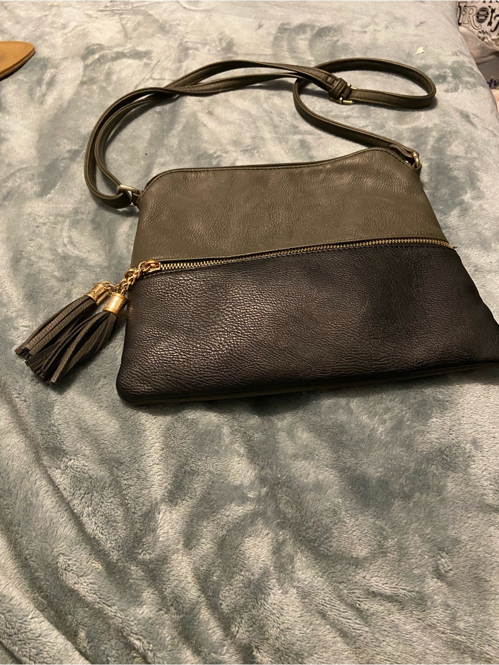 Two-Tone Olive Green and Black Crossbody Bag with Tassel Accent